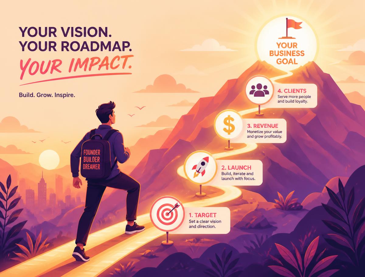 Illustration of a founder climbing a glowing roadmap toward a business goal